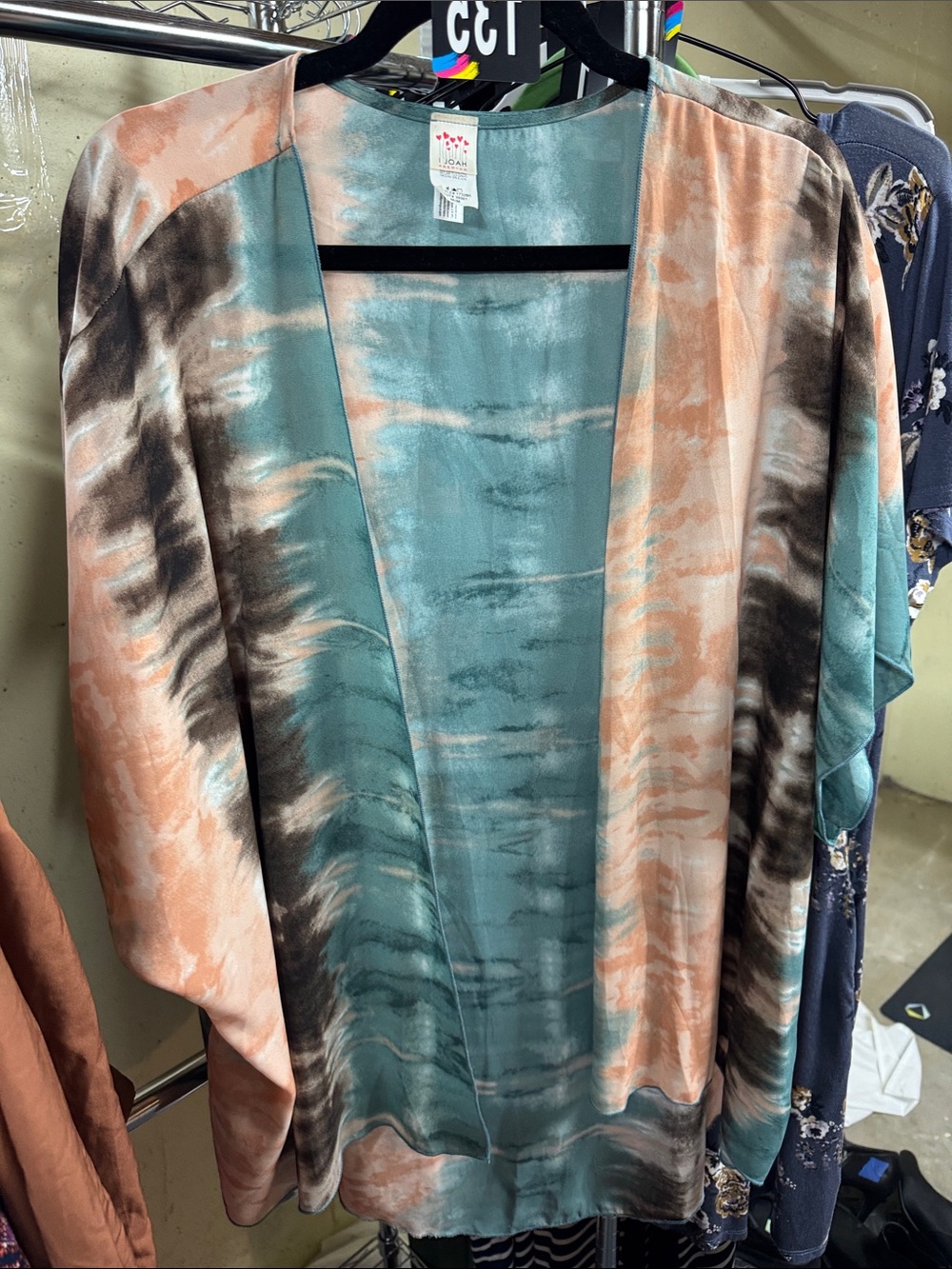Tie-Dye Open Front Kimono Top - Teal & Peach